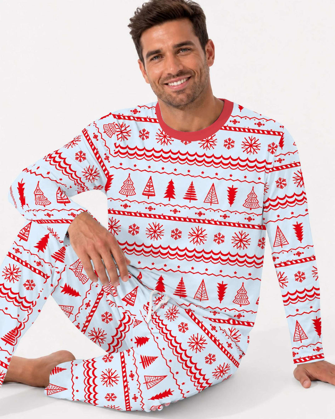 Red Nordic Christmas Trees & Snowflakes Bamboo Men's Pajama Set