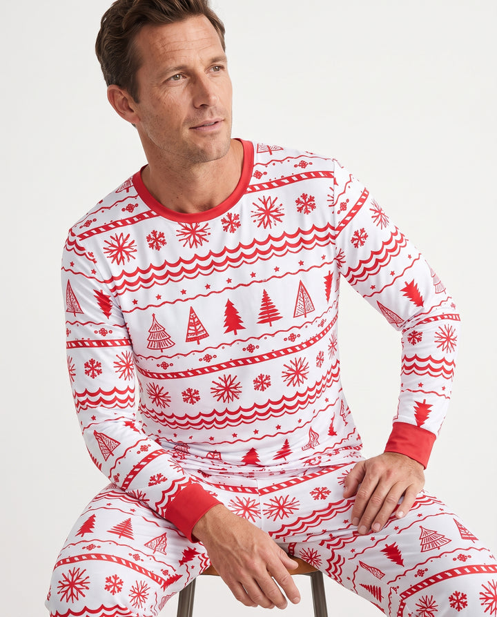 Red Nordic Christmas Trees & Snowflakes Bamboo Men's Pajama Set