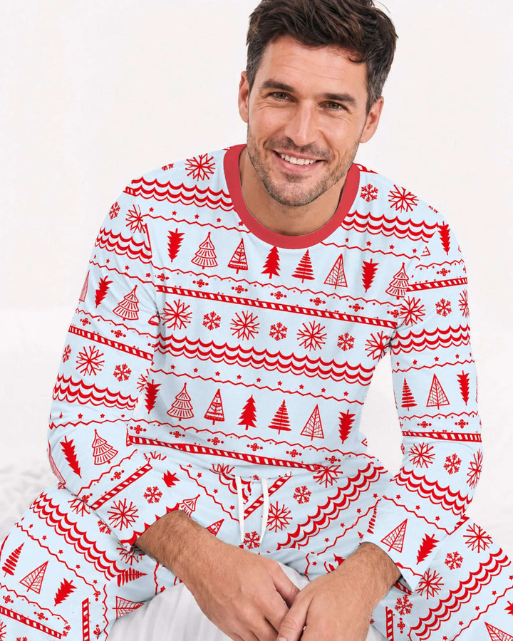 Red Nordic Christmas Trees & Snowflakes Bamboo Men's Pajama Set