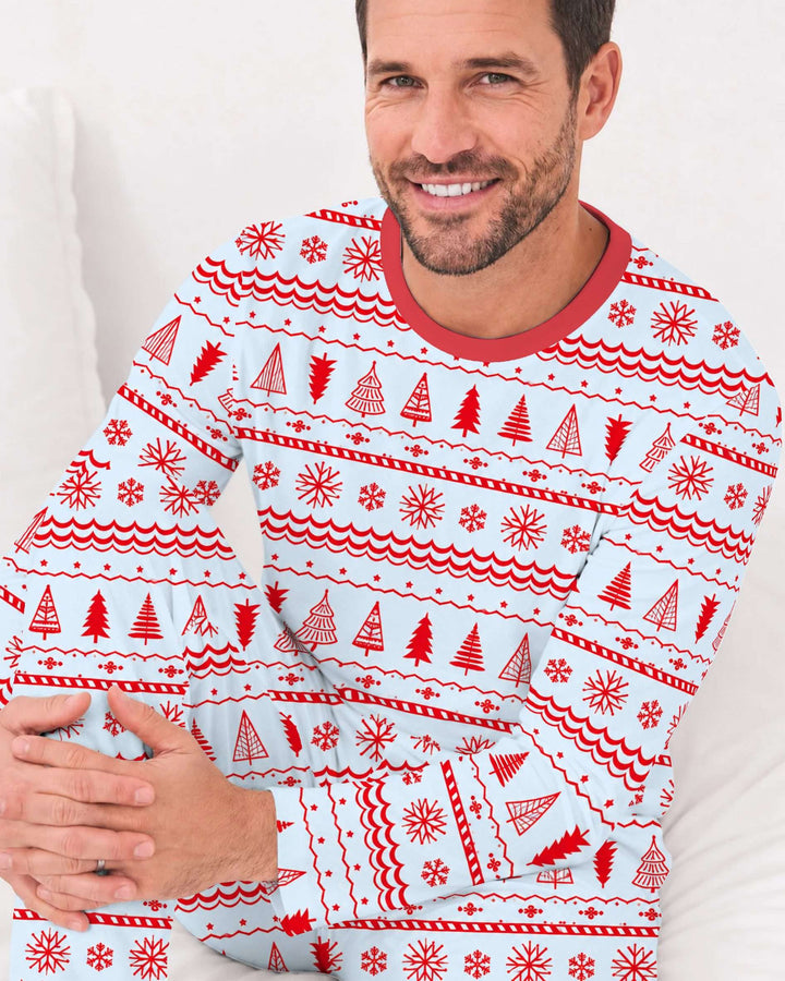 Red Nordic Christmas Trees & Snowflakes Bamboo Men's Pajama Set