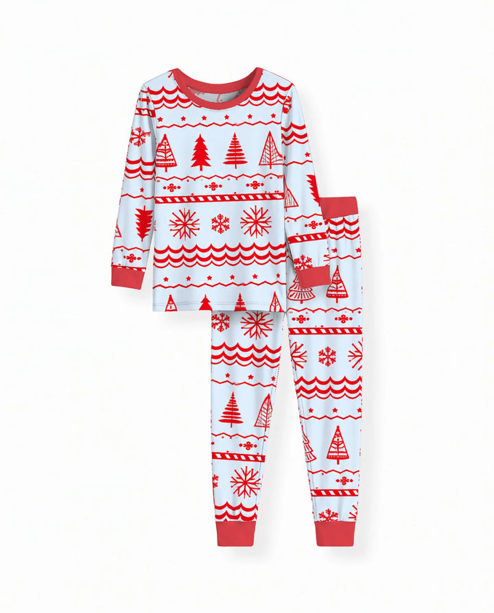 Red Nordic Christmas Trees & Snowflakes Bamboo Two Piece Long Sleeve Pajama Set