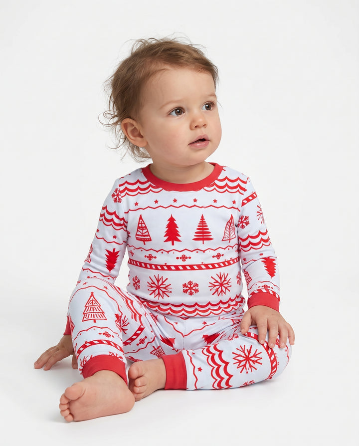 Red Nordic Christmas Trees & Snowflakes Bamboo Two Piece Long Sleeve Pajama Set
