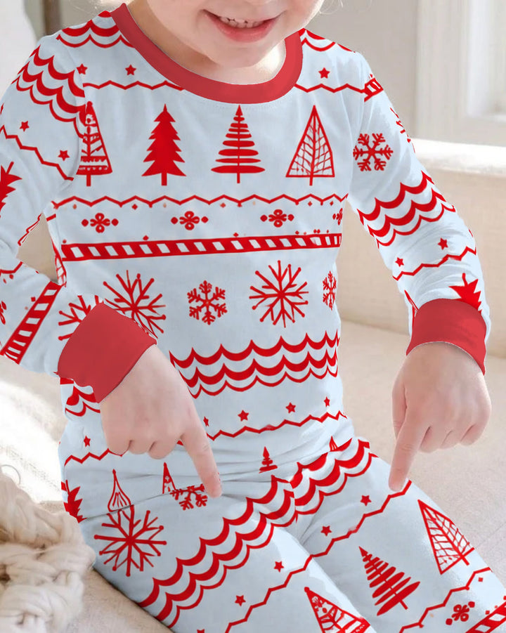 Red Nordic Christmas Trees & Snowflakes Bamboo Two Piece Long Sleeve Pajama Set