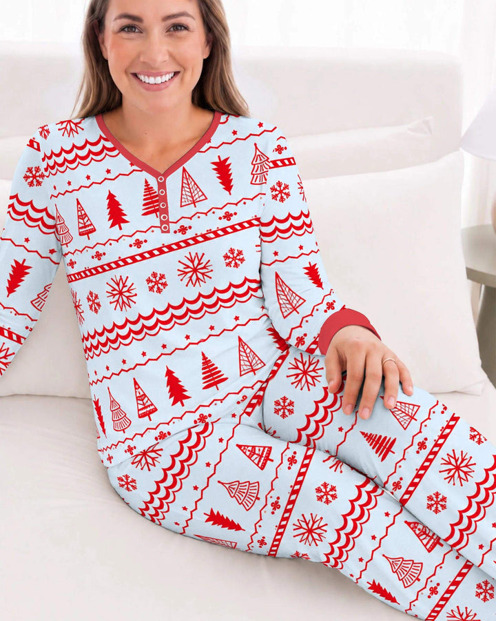 Red Nordic Christmas Trees & Snowflakes Bamboo Women Pajama Set