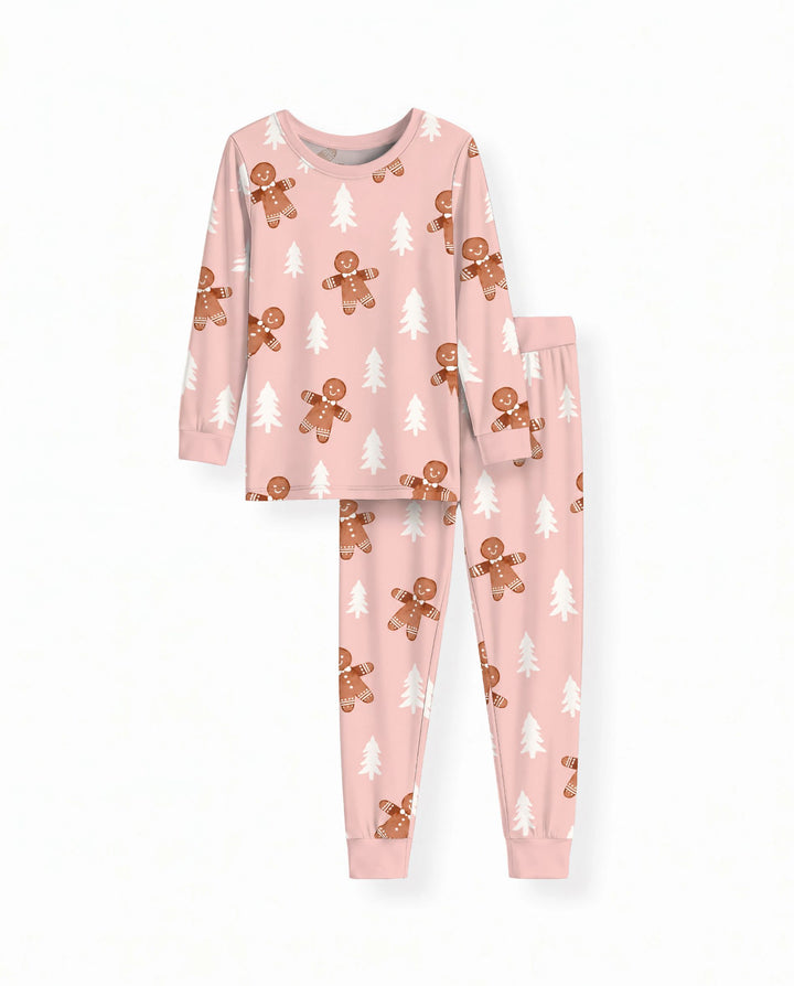 Pink Gingerbread Christmas Forest Bamboo Two Piece Long Sleeve Pajama Set