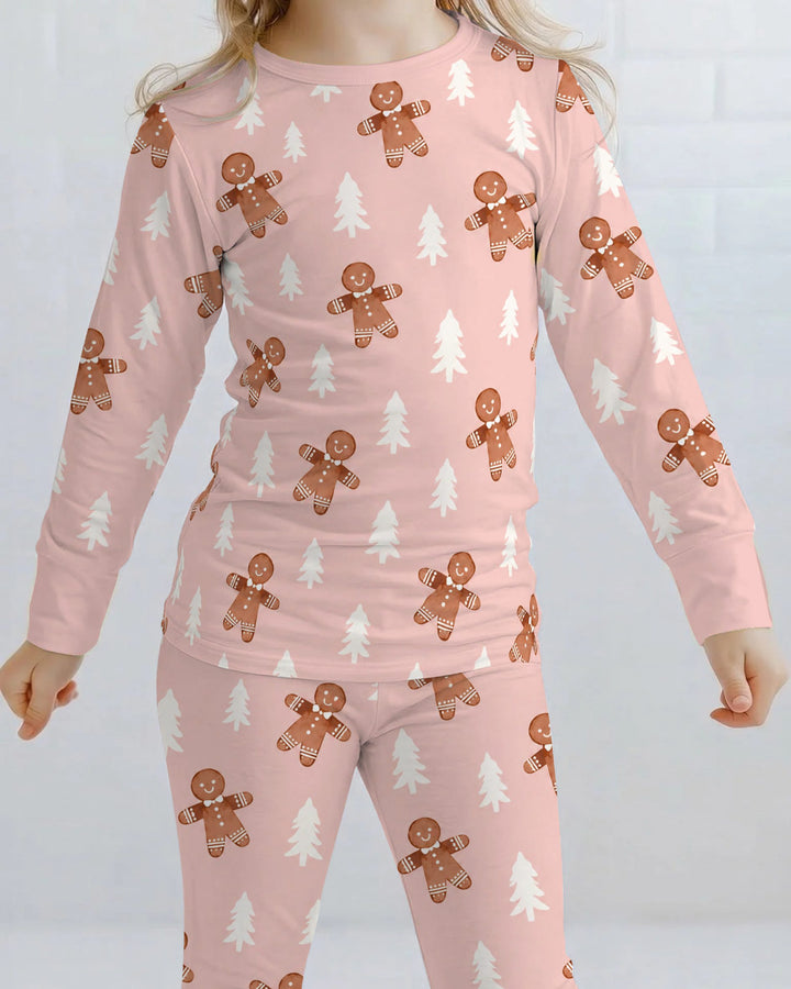 Pink Gingerbread Christmas Forest Bamboo Two Piece Long Sleeve Pajama Set