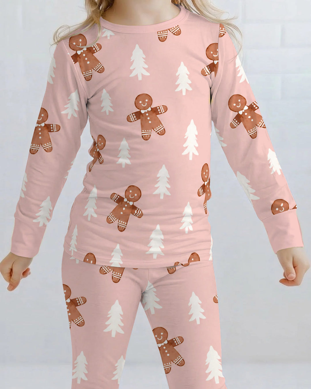 Pink Gingerbread Christmas Forest Bamboo Two Piece Long Sleeve Pajama Set