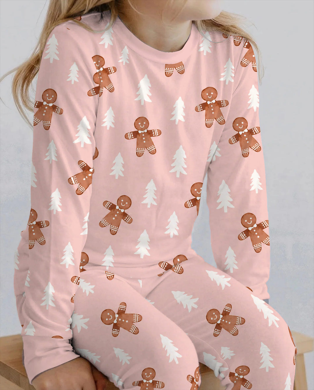 Pink Gingerbread Christmas Forest Bamboo Two Piece Long Sleeve Pajama Set