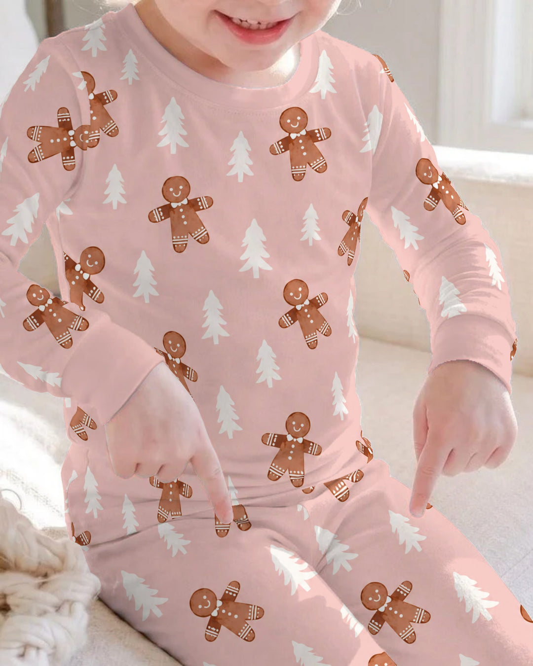 Pink Gingerbread Christmas Forest Bamboo Two Piece Long Sleeve Pajama Set