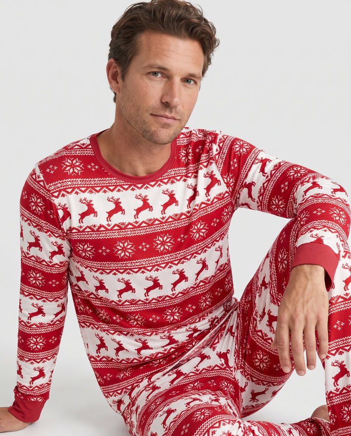 Red Nordic Reindeer Fair Isle Bamboo Men's Pajama Set