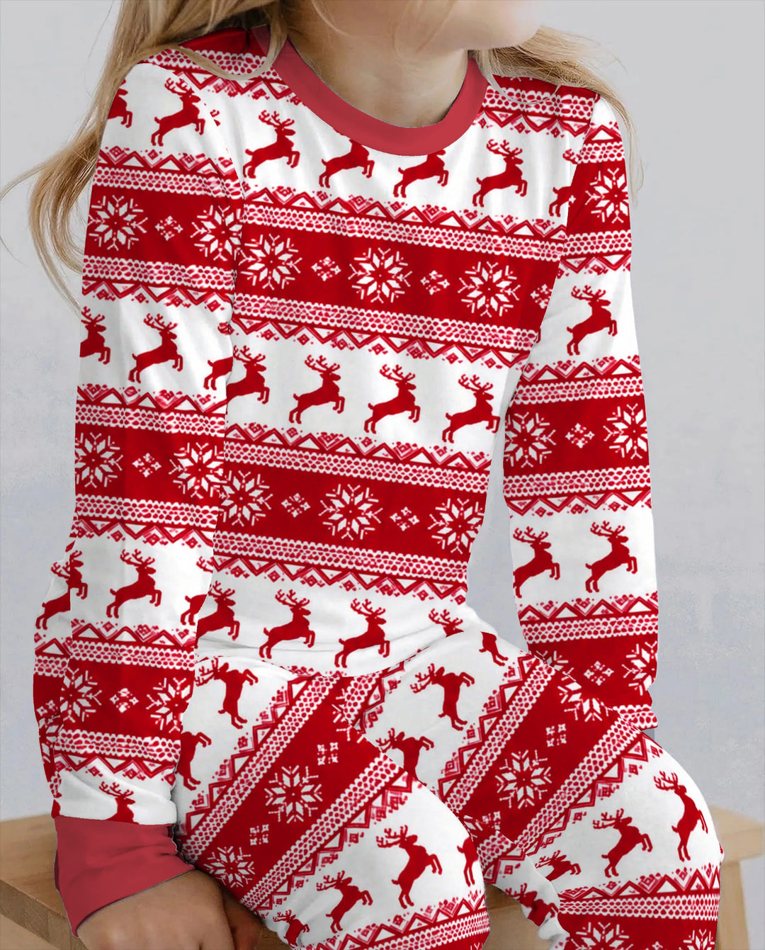 Red Nordic Reindeer Fair Isle Bamboo Two Piece Long Sleeve Pajama Set