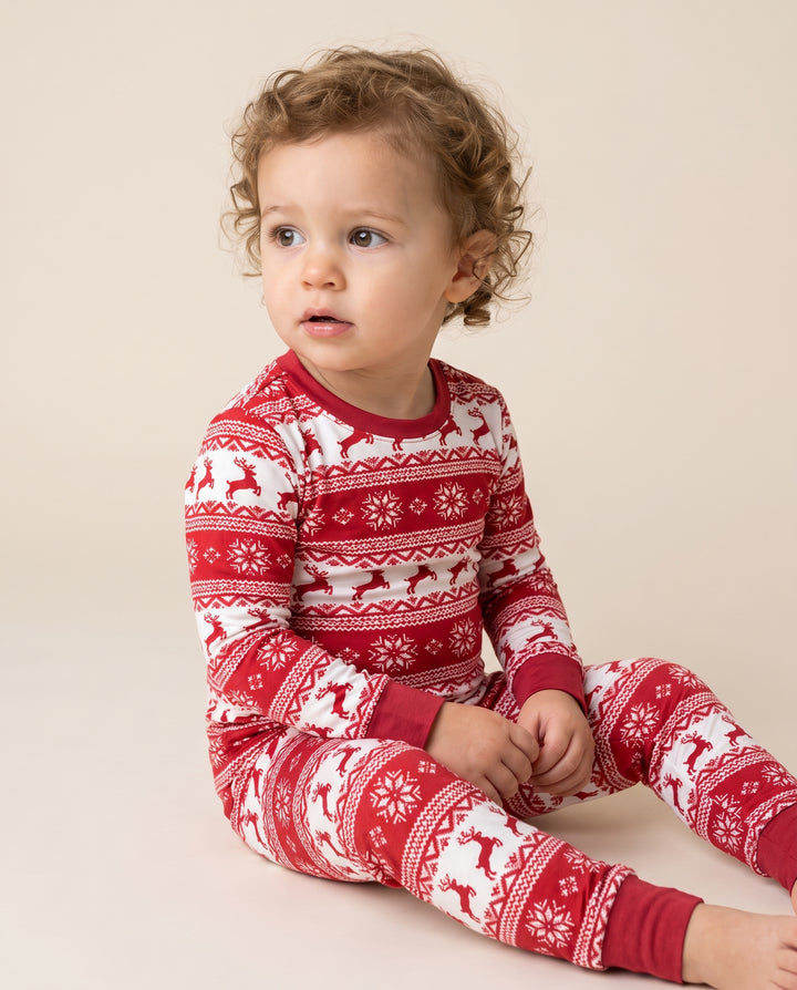 Red Nordic Reindeer Fair Isle Bamboo Two Piece Long Sleeve Pajama Set