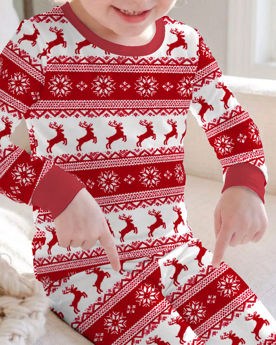Red Nordic Reindeer Fair Isle Bamboo Two Piece Long Sleeve Pajama Set