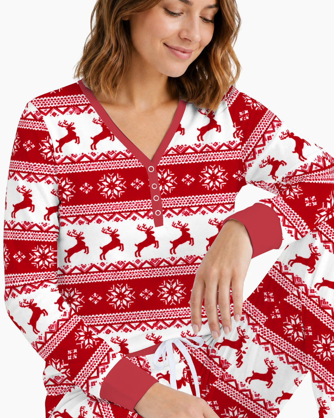 Red Nordic Reindeer Fair Isle Bamboo Women Pajama Set