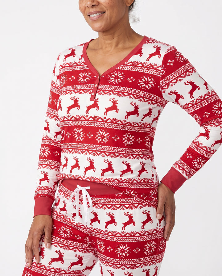 Red Nordic Reindeer Fair Isle Bamboo Women Pajama Set