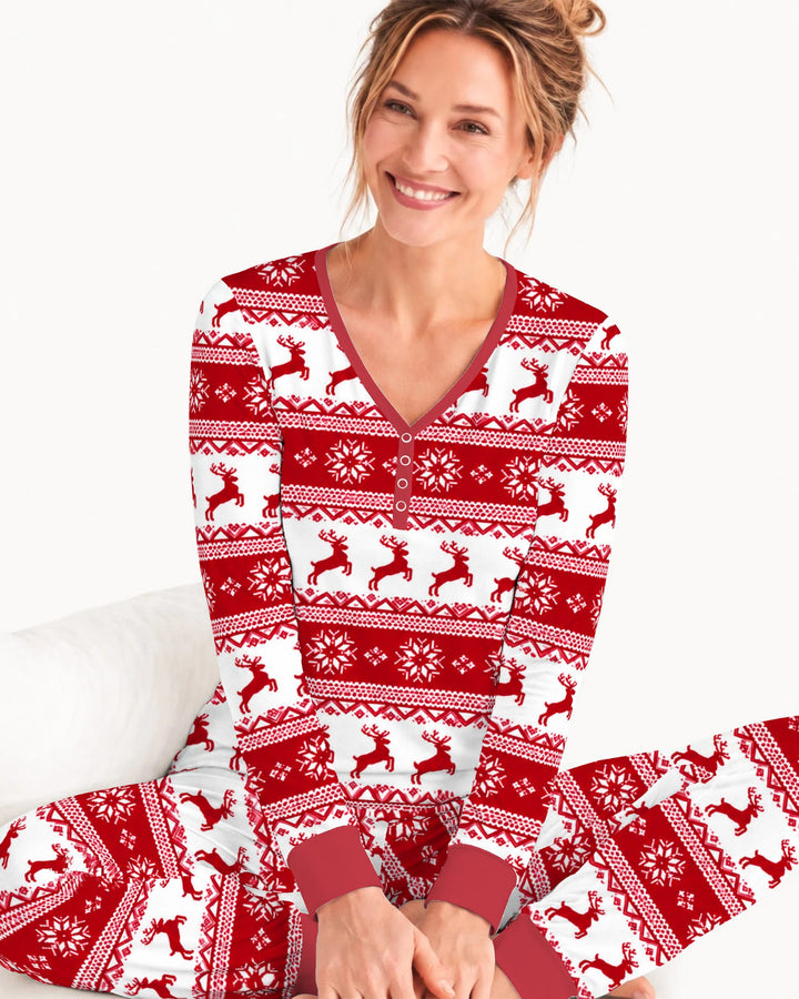 Red Nordic Reindeer Fair Isle Bamboo Women Pajama Set