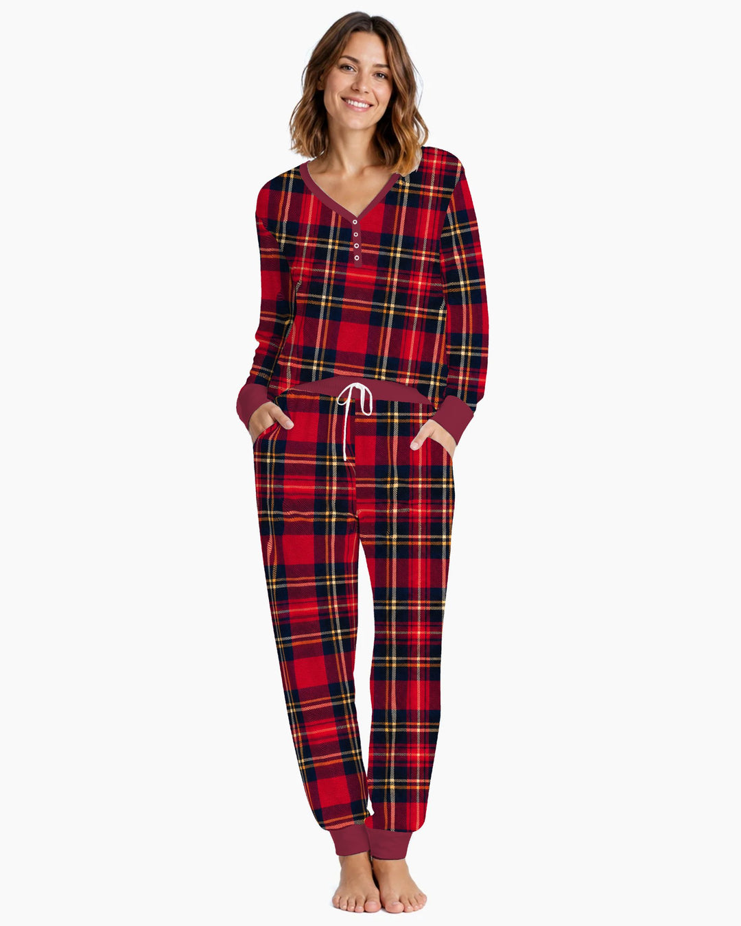 Classic Red Christmas Tartan Plaid Bamboo Women Pajama Set