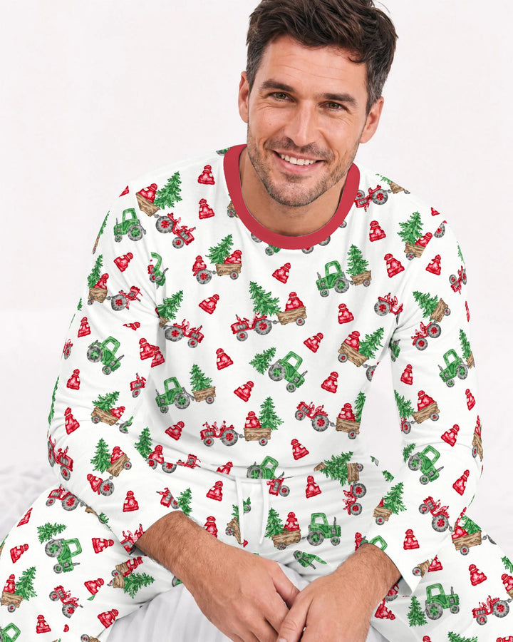 Christmas Tree Farm Tractor & Winter Hats Bamboo Men's Pajama Set