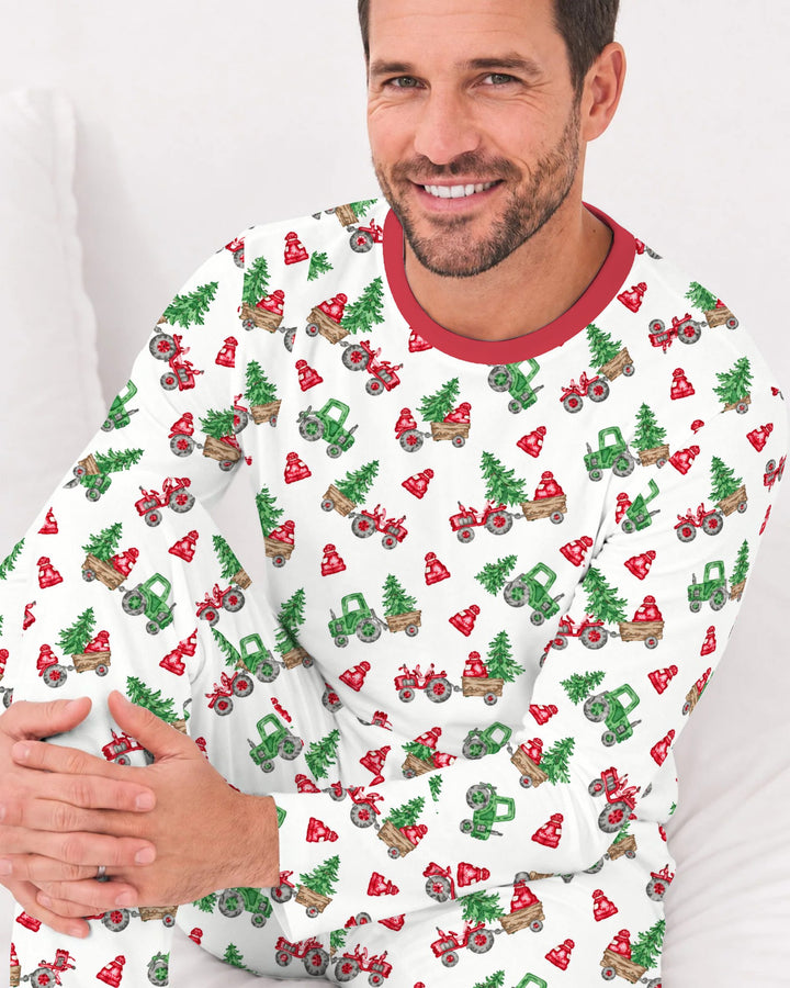 Christmas Tree Farm Tractor & Winter Hats Bamboo Men's Pajama Set