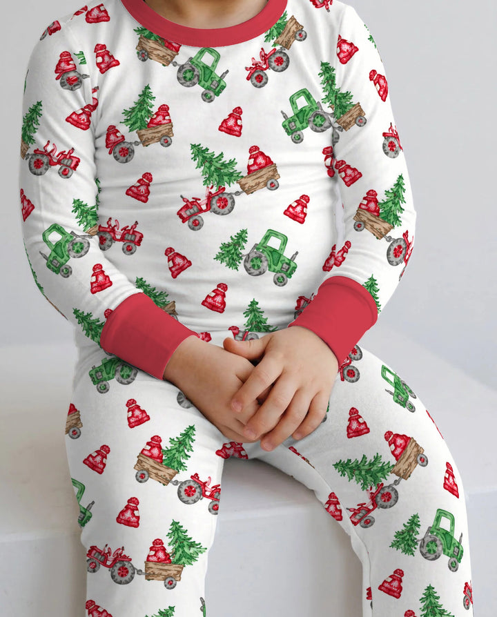 Christmas Tree Farm Tractor & Winter Hats Bamboo Two Piece Long Sleeve Pajama Set