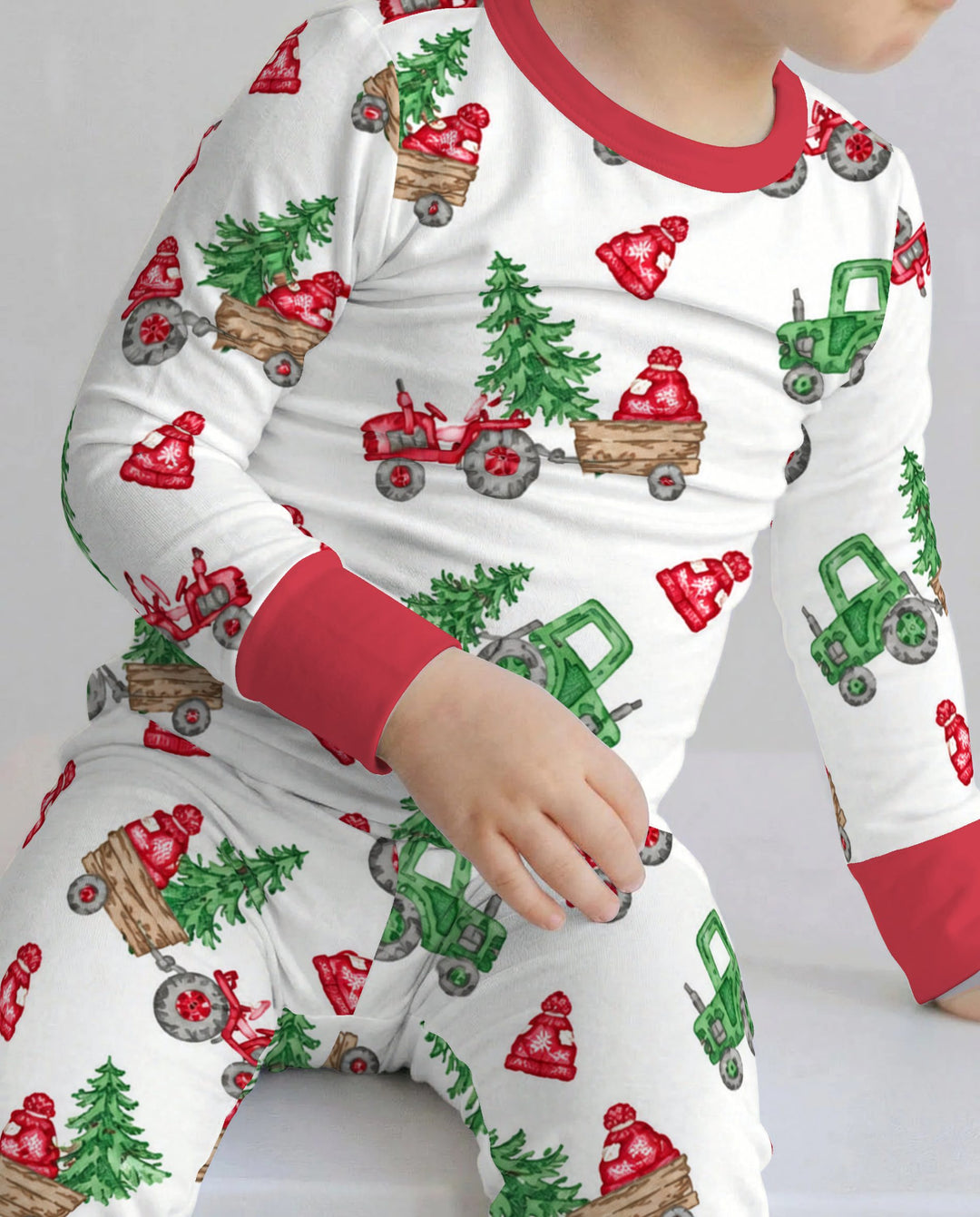 Christmas Tree Farm Tractor & Winter Hats Bamboo Two Piece Long Sleeve Pajama Set