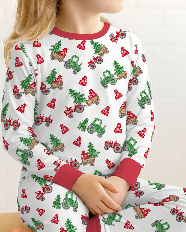 Christmas Tree Farm Tractor & Winter Hats Bamboo Two Piece Long Sleeve Pajama Set