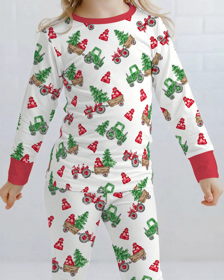 Christmas Tree Farm Tractor & Winter Hats Bamboo Two Piece Long Sleeve Pajama Set
