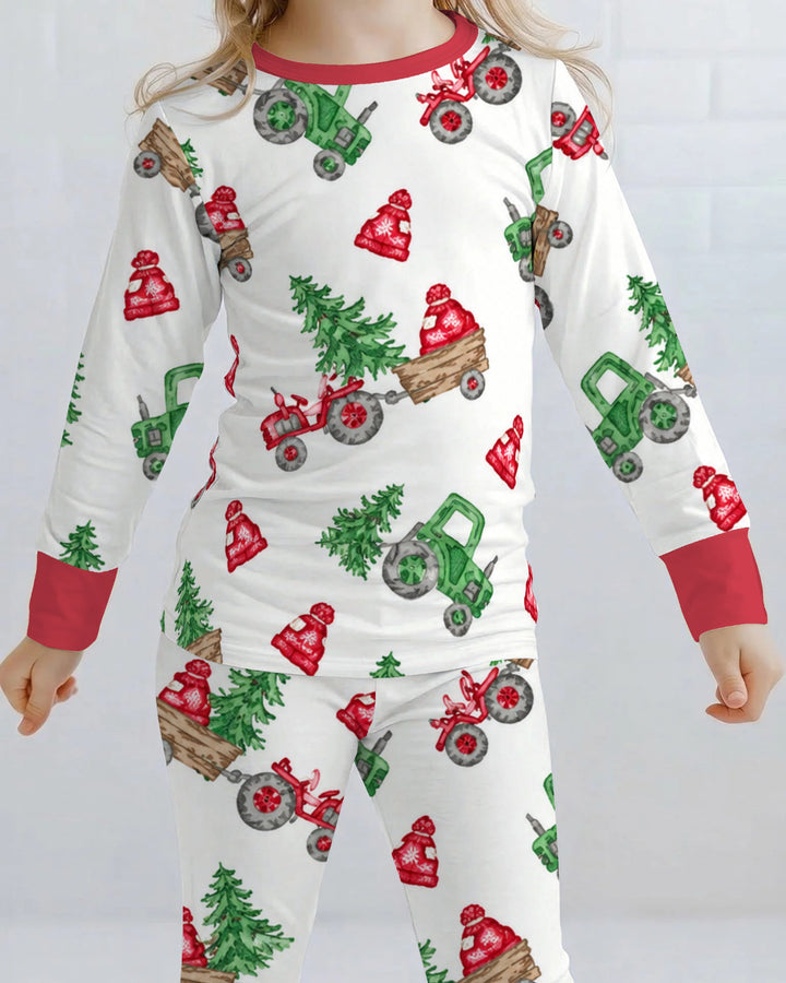 Christmas Tree Farm Tractor & Winter Hats Bamboo Two Piece Long Sleeve Pajama Set