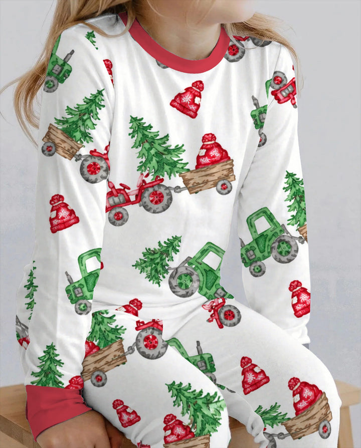 Christmas Tree Farm Tractor & Winter Hats Bamboo Two Piece Long Sleeve Pajama Set