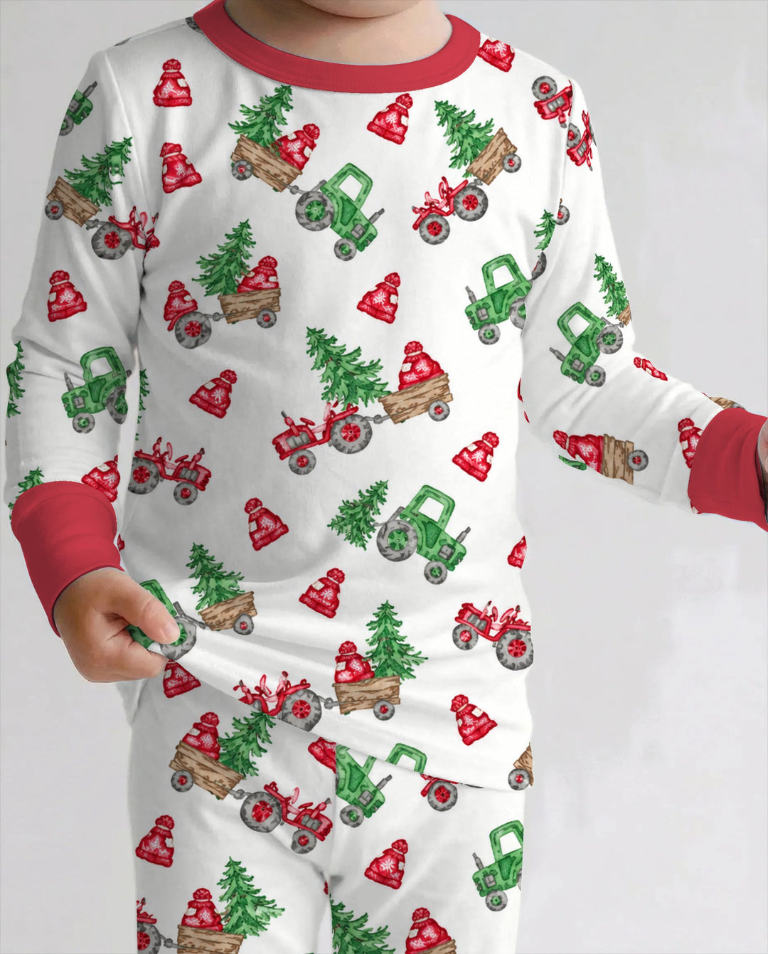 Christmas Tree Farm Tractor & Winter Hats Bamboo Two Piece Long Sleeve Pajama Set