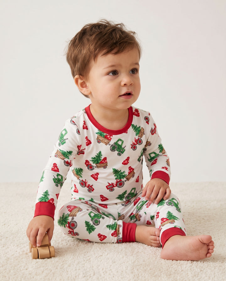 Christmas Tree Farm Tractor & Winter Hats Bamboo Two Piece Long Sleeve Pajama Set