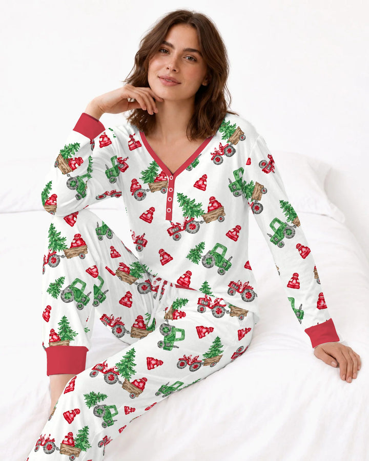 Christmas Tree Farm Tractor & Winter Hats Bamboo Women Pajama Set