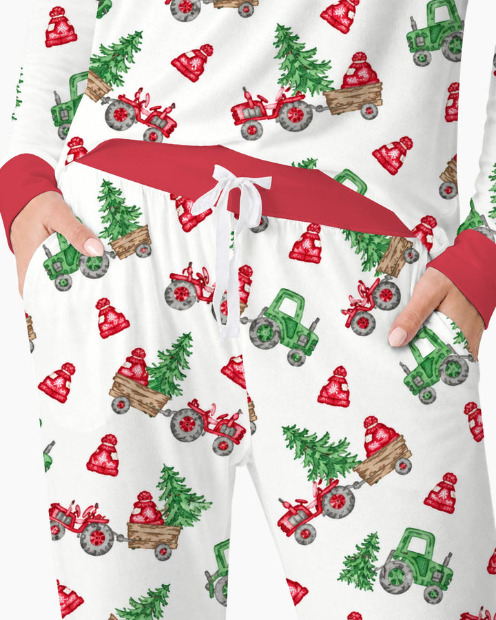 Christmas Tree Farm Tractor & Winter Hats Bamboo Women Pajama Set