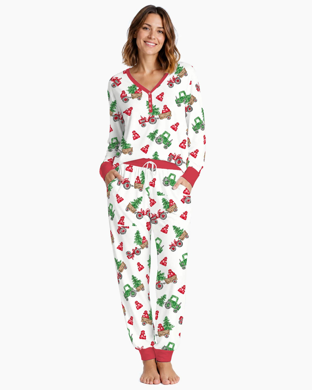 Christmas Tree Farm Tractor & Winter Hats Bamboo Women Pajama Set