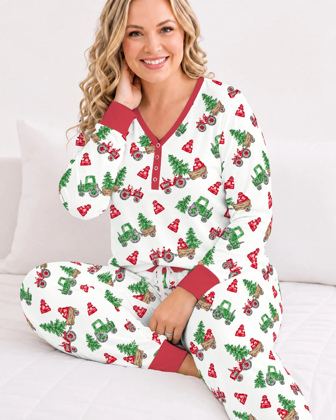 Christmas Tree Farm Tractor & Winter Hats Bamboo Women Pajama Set