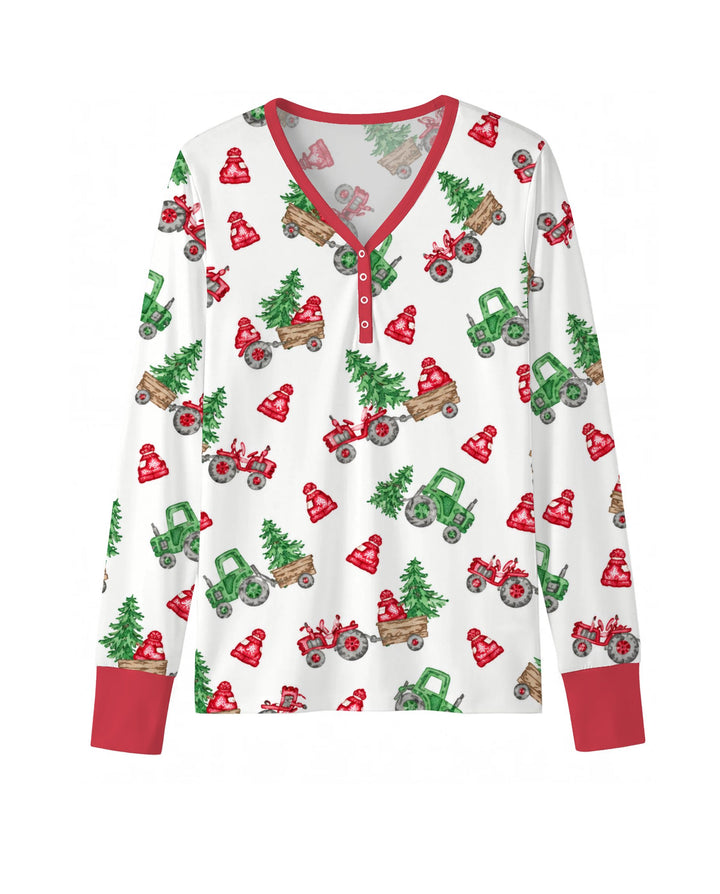 Christmas Tree Farm Tractor & Winter Hats Bamboo Women Pajama Set