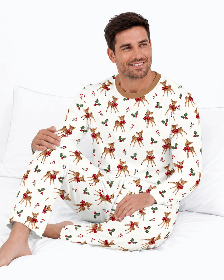 Vintage Christmas Fawn & Holly Bows Bamboo Men's Pajama Set