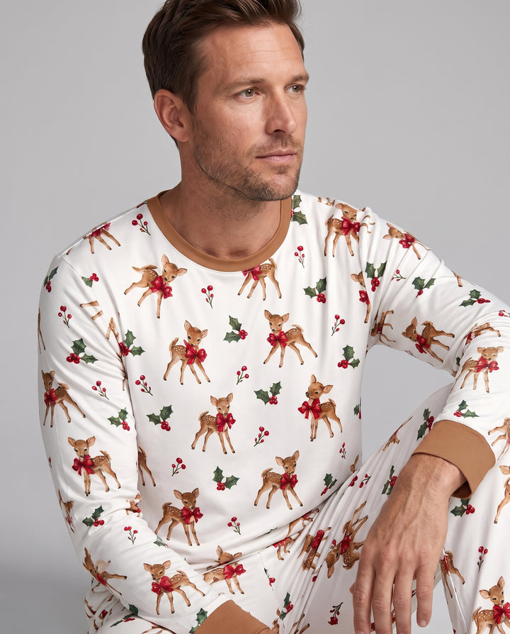 Vintage Christmas Fawn & Holly Bows Bamboo Men's Pajama Set