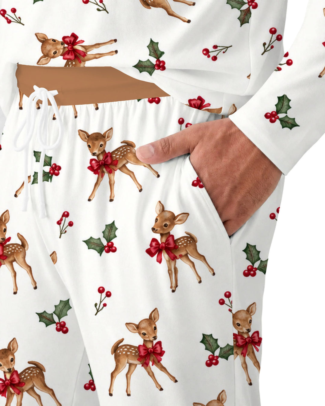 Vintage Christmas Fawn & Holly Bows Bamboo Men's Pajama Set
