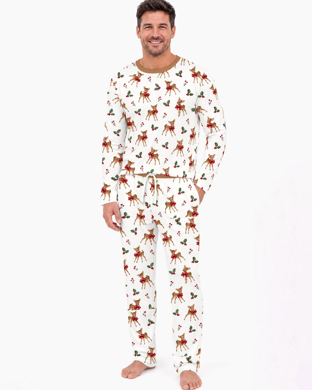 Vintage Christmas Fawn & Holly Bows Bamboo Men's Pajama Set