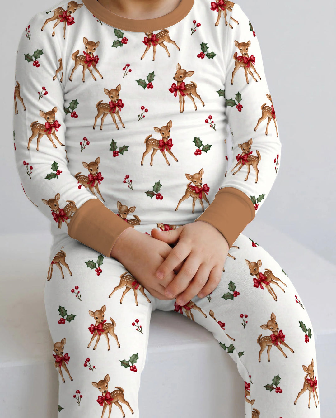 Vintage Christmas Fawn & Holly Bows Bamboo Two Piece Long Sleeve Pajama Set