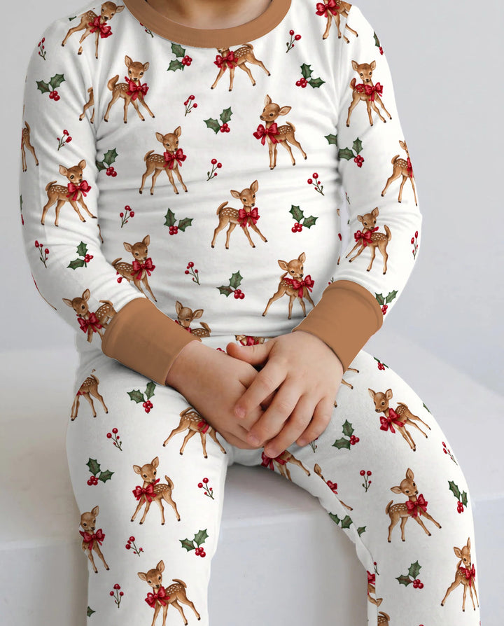 Vintage Christmas Fawn & Holly Bows Bamboo Two Piece Long Sleeve Pajama Set