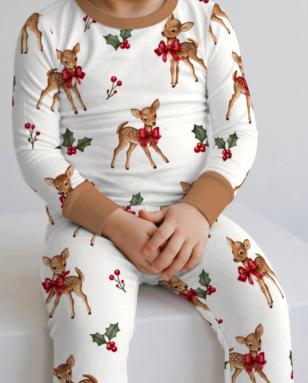 Vintage Christmas Fawn & Holly Bows Bamboo Two Piece Long Sleeve Pajama Set