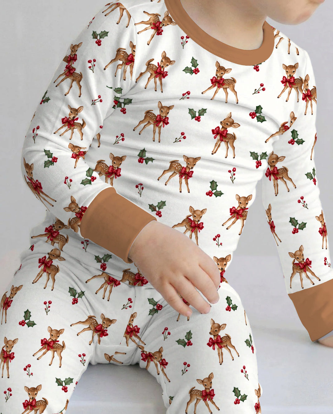 Vintage Christmas Fawn & Holly Bows Bamboo Two Piece Long Sleeve Pajama Set