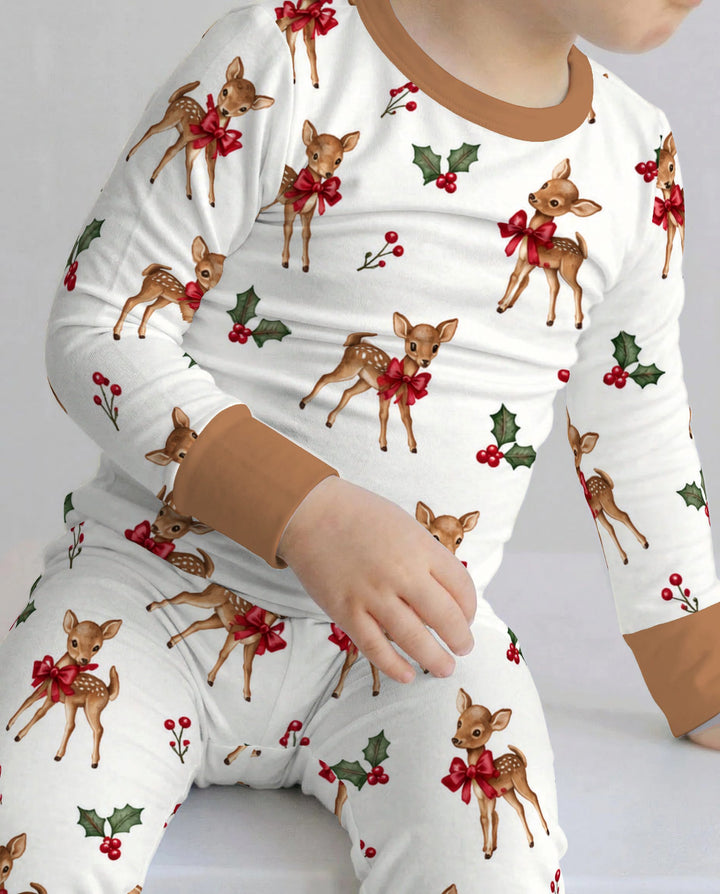 Vintage Christmas Fawn & Holly Bows Bamboo Two Piece Long Sleeve Pajama Set