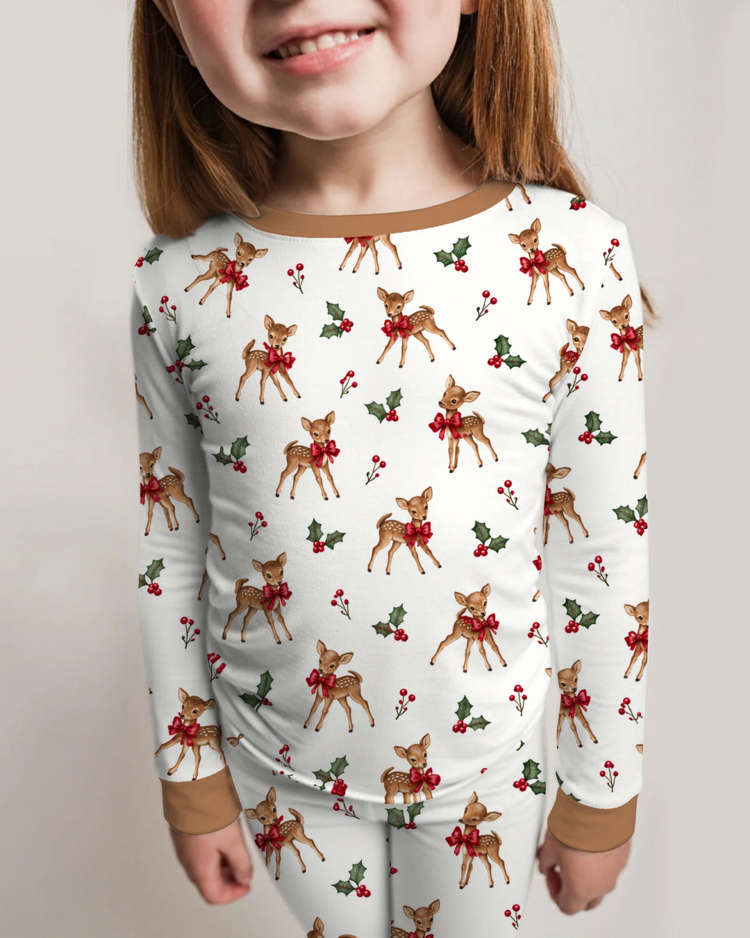 Vintage Christmas Fawn & Holly Bows Bamboo Two Piece Long Sleeve Pajama Set