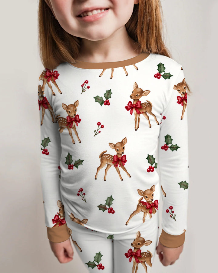 Vintage Christmas Fawn & Holly Bows Bamboo Two Piece Long Sleeve Pajama Set