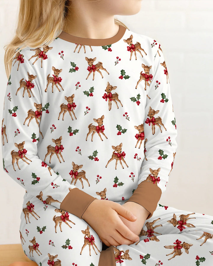 Vintage Christmas Fawn & Holly Bows Bamboo Two Piece Long Sleeve Pajama Set