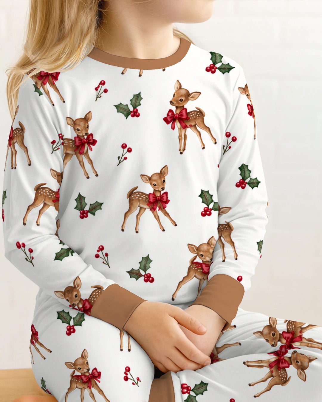 Vintage Christmas Fawn & Holly Bows Bamboo Two Piece Long Sleeve Pajama Set