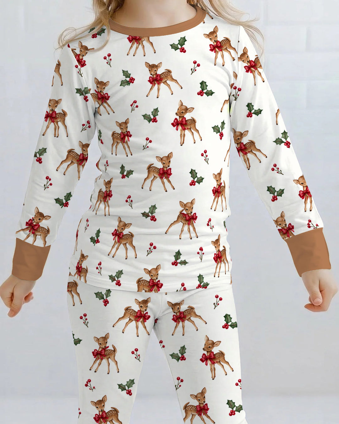 Vintage Christmas Fawn & Holly Bows Bamboo Two Piece Long Sleeve Pajama Set